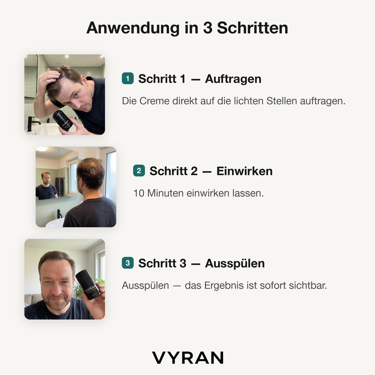 Anwendung in 3 Schritten — auftragen, einwirken, ausspülen